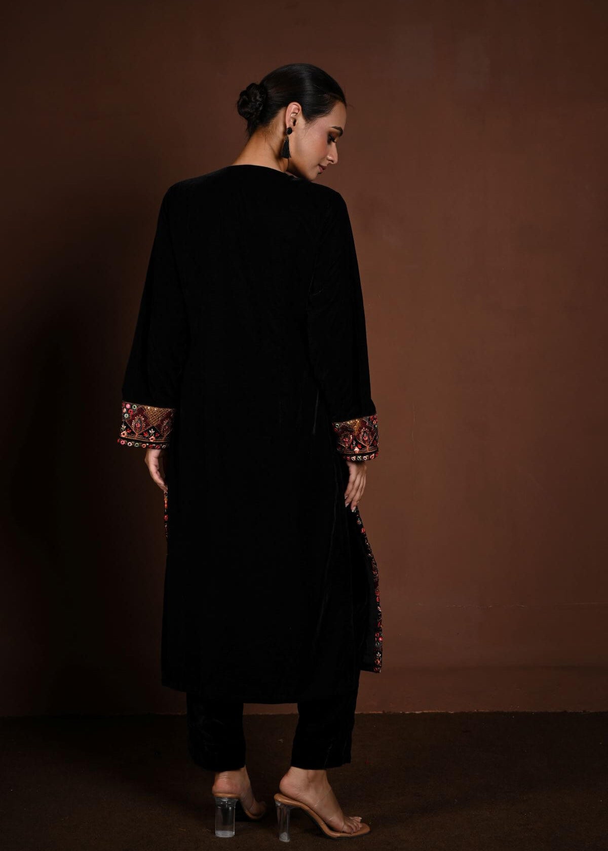 Black Velvet Kurta Set with Multicolor Embroidery Work - Anvi Couture