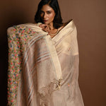 Off - White Saree in Silk Linen with Floral Embroidery Work - Anvi Couture