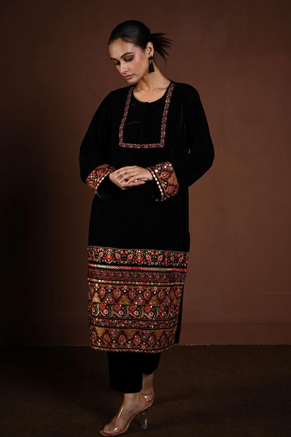 Black Velvet Kurta Set with Multicolor Embroidery Work - Anvi Couture