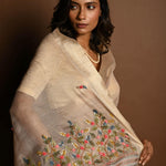 Off - White Saree in Silk Linen with Floral Embroidery Work - Anvi Couture