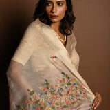 Off - White Saree in Silk Linen with Floral Embroidery Work - Anvi Couture