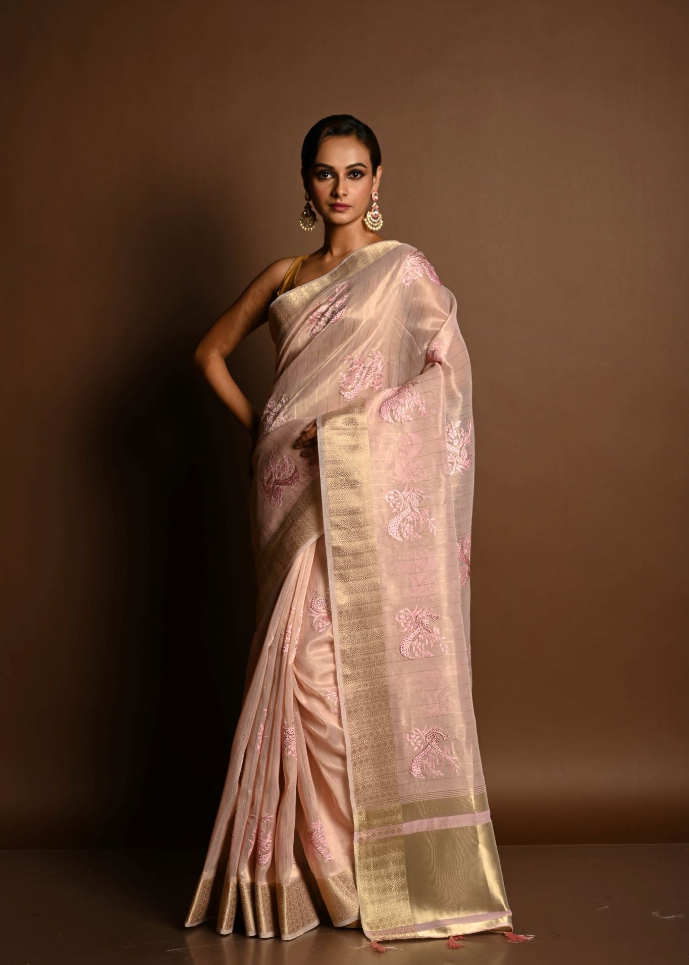 Pastel Pink Kota Silk  Saree with Hand Embroidered Work - Anvi Couture