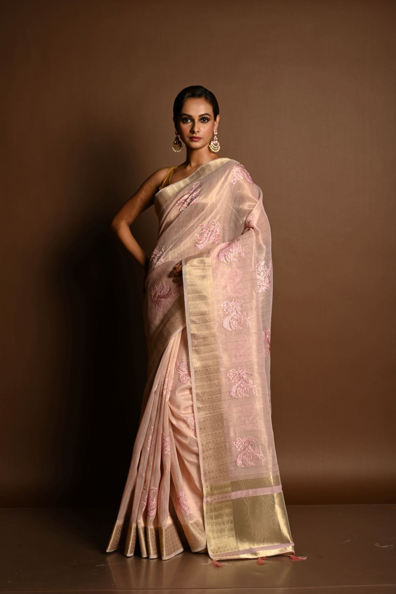 Pastel Pink Kota Silk  Saree with Hand Embroidered Work - Anvi Couture