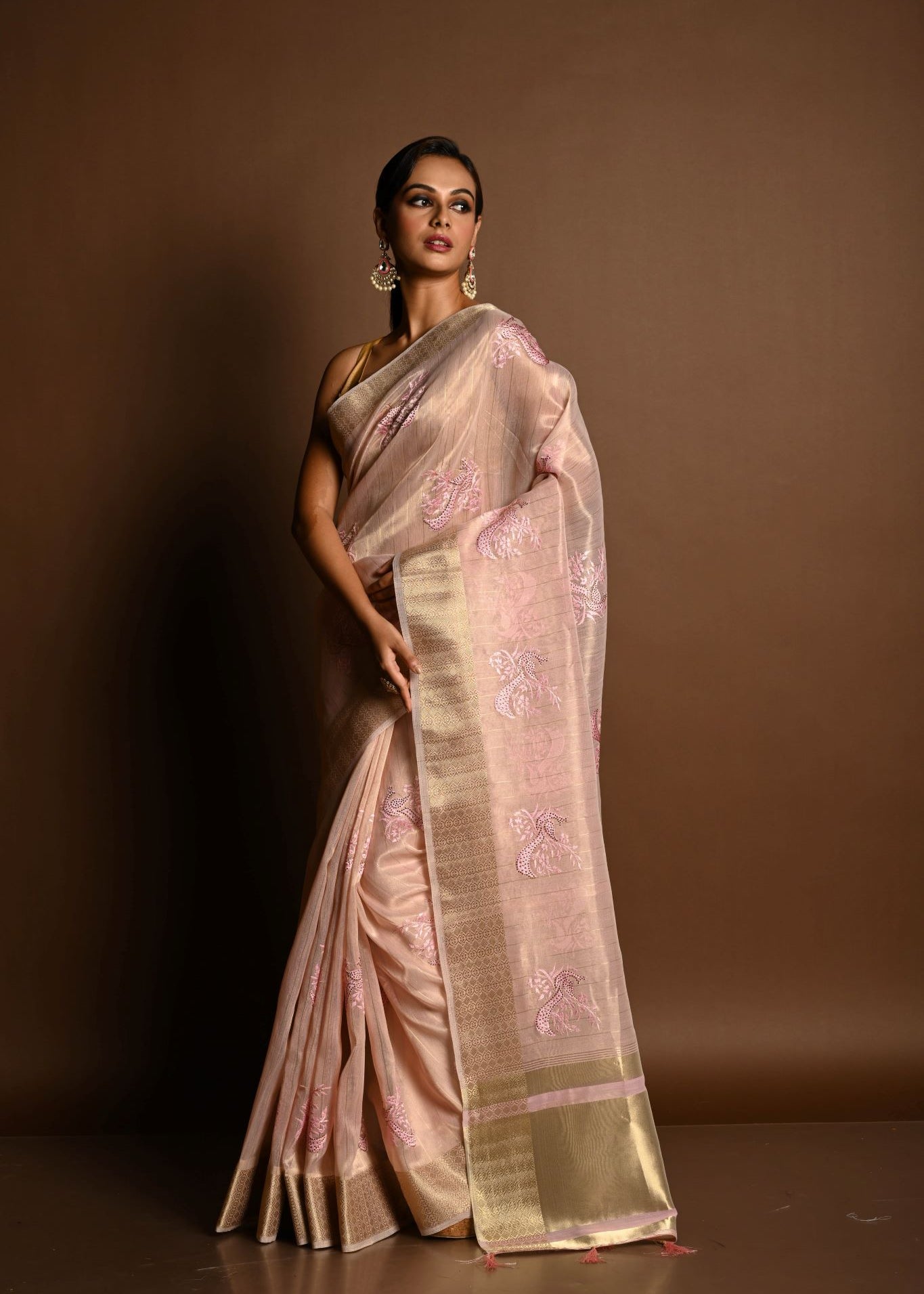 Pastel Pink Kota Silk  Saree with Hand Embroidered Work - Anvi Couture