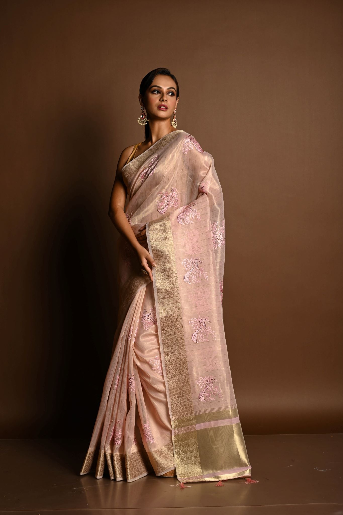 Pastel Pink Kota Silk  Saree with Hand Embroidered Work - Anvi Couture