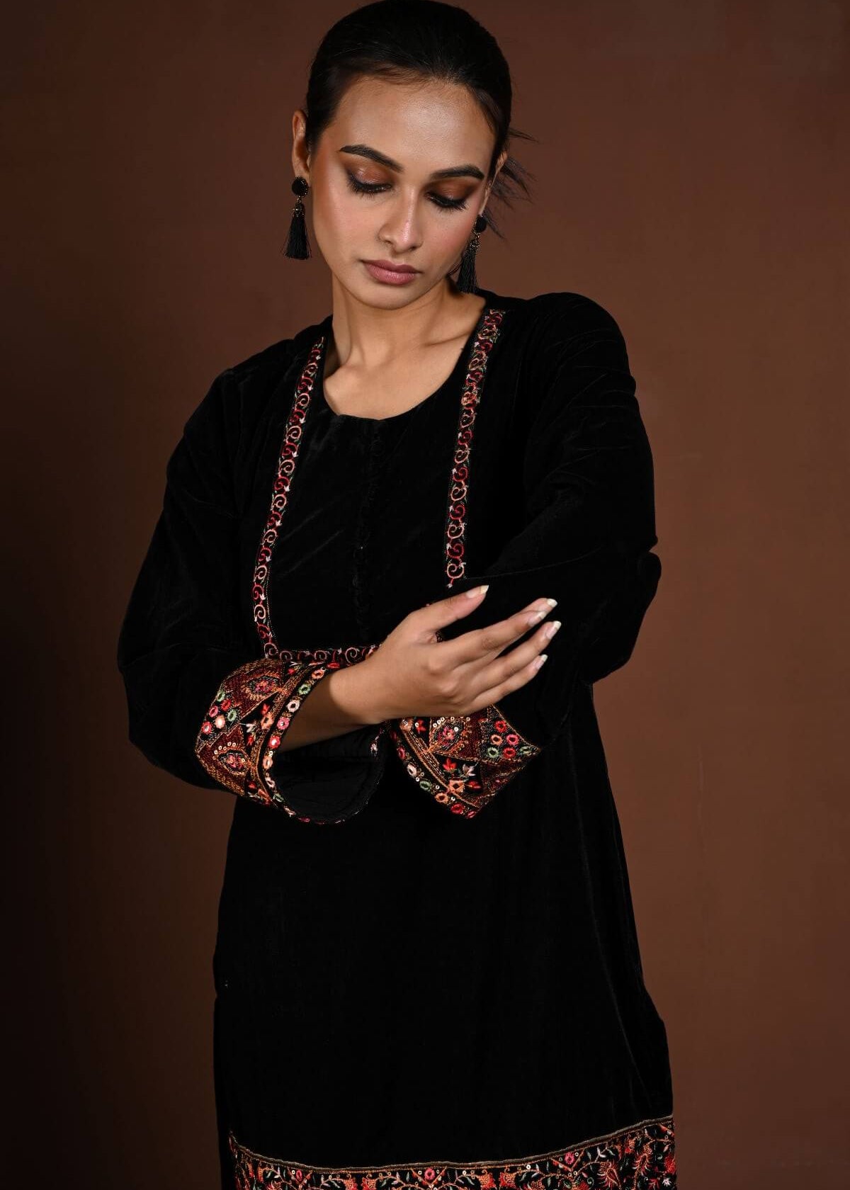 Black Velvet Kurta Set with Multicolor Embroidery Work - Anvi Couture