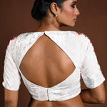 White Half Sleeve Blouse with Hand Embroidery Work in Velvet and Back Cutout - Anvi Couture