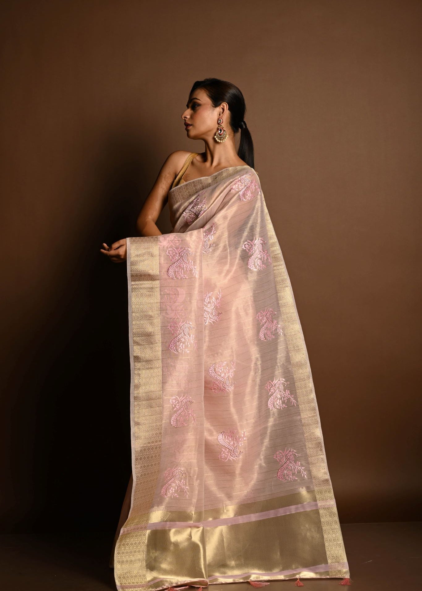 Pastel Pink Kota Silk Saree with Hand Embroidered Work - Image 3
