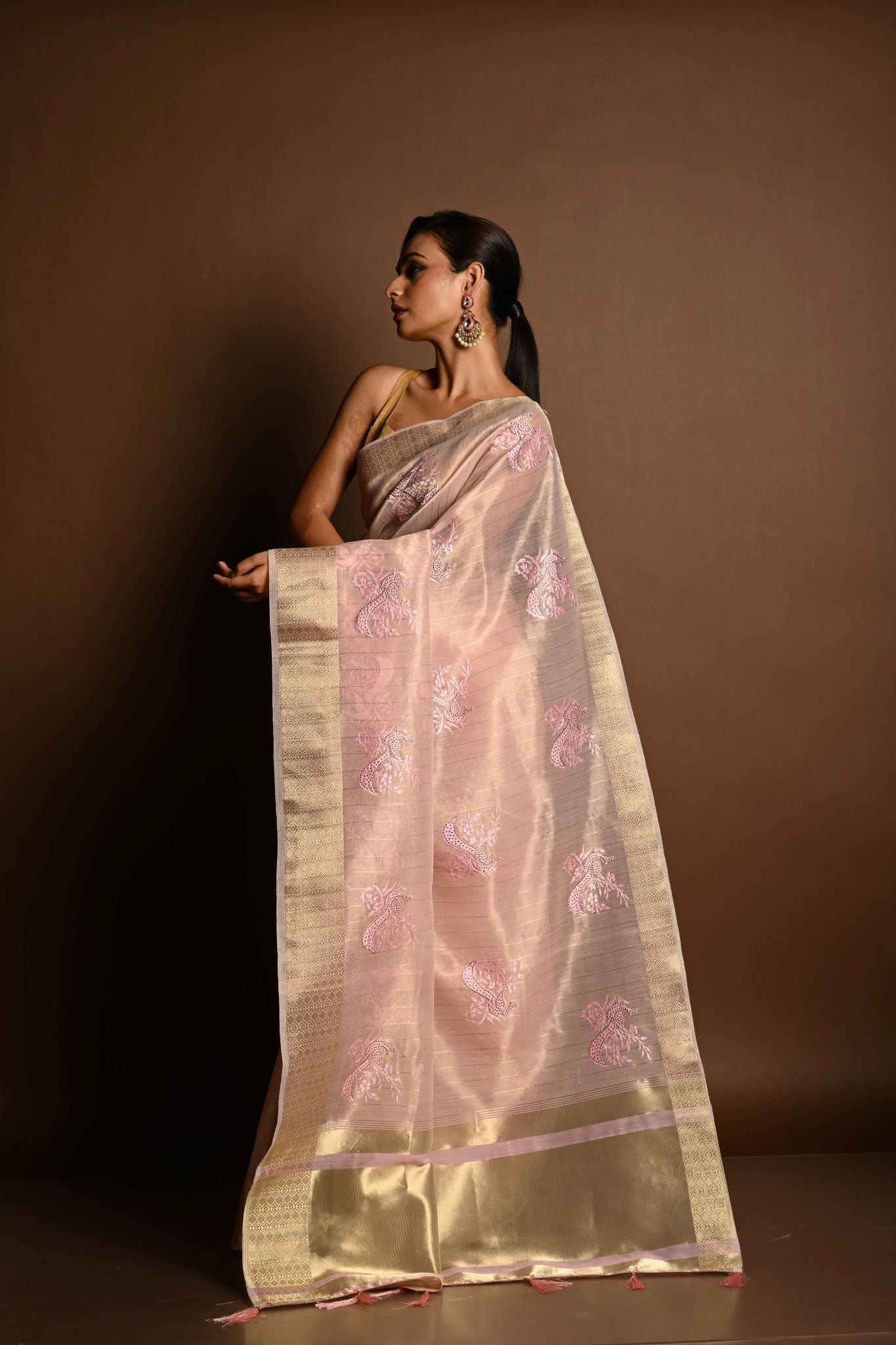 Pastel Pink Kota Silk  Saree with Hand Embroidered Work - Anvi Couture