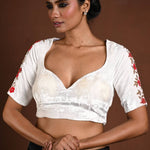 White Half Sleeve Blouse with Hand Embroidery Work in Velvet and Back Cutout - Anvi Couture