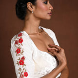 White Half Sleeve Blouse with Hand Embroidery Work in Velvet and Back Cutout - Anvi Couture