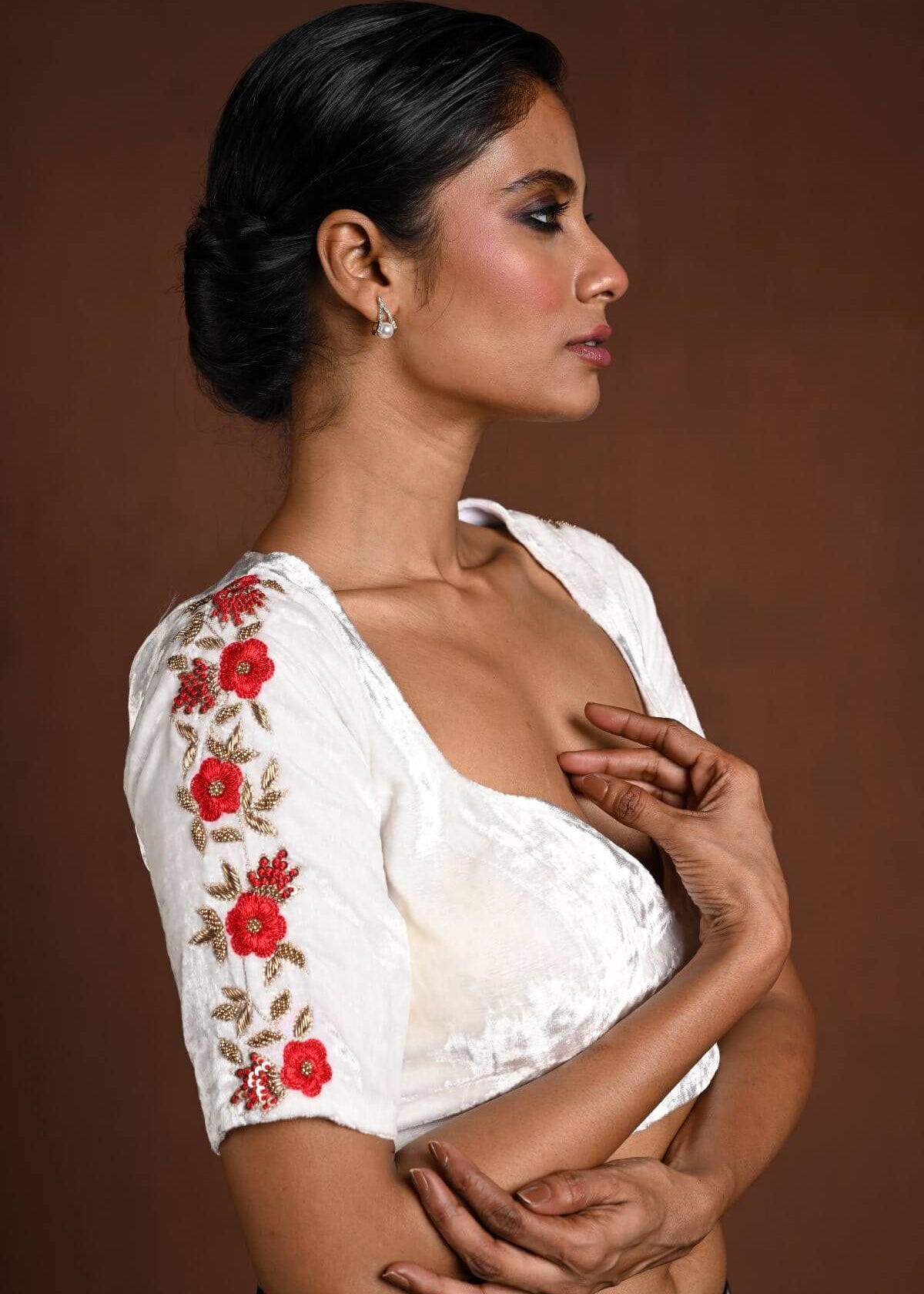 White Half Sleeve Blouse with Hand Embroidery Work in Velvet and Back Cutout - Anvi Couture