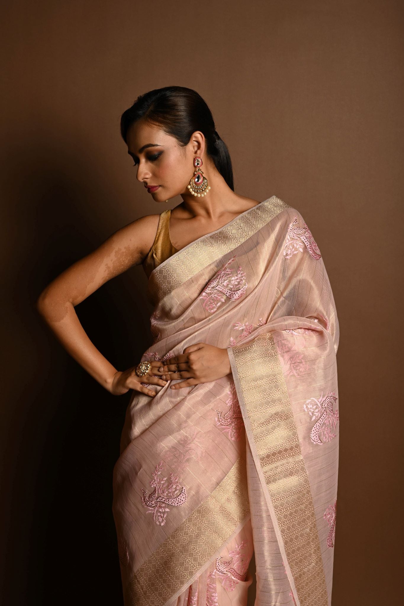 Pastel Pink Kota Silk  Saree with Hand Embroidered Work - Anvi Couture