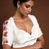 White Half Sleeve Blouse with Hand Embroidery Work in Velvet and Back Cutout - Anvi Couture