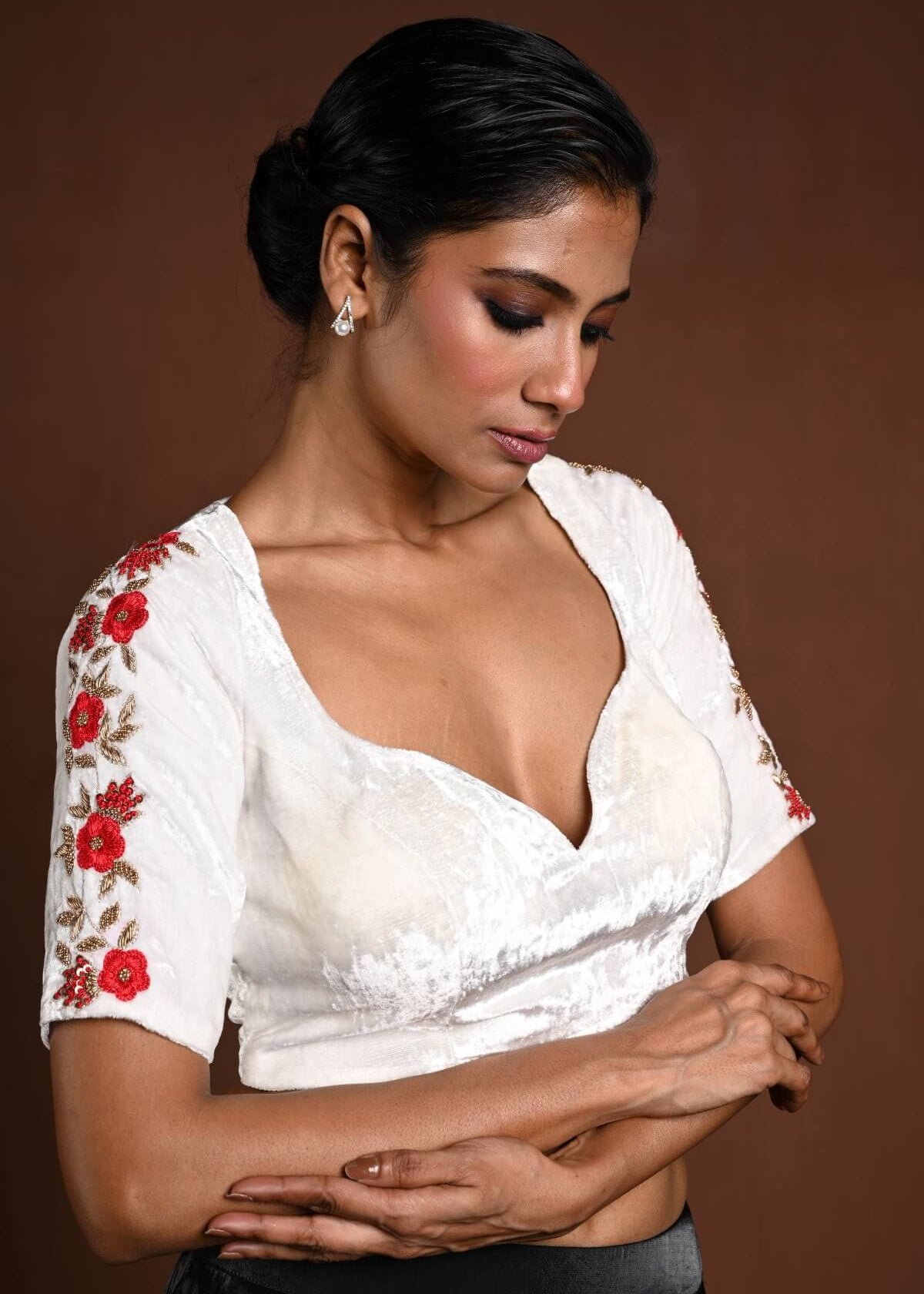 White Half Sleeve Blouse with Hand Embroidery Work in Velvet and Back Cutout - Anvi Couture
