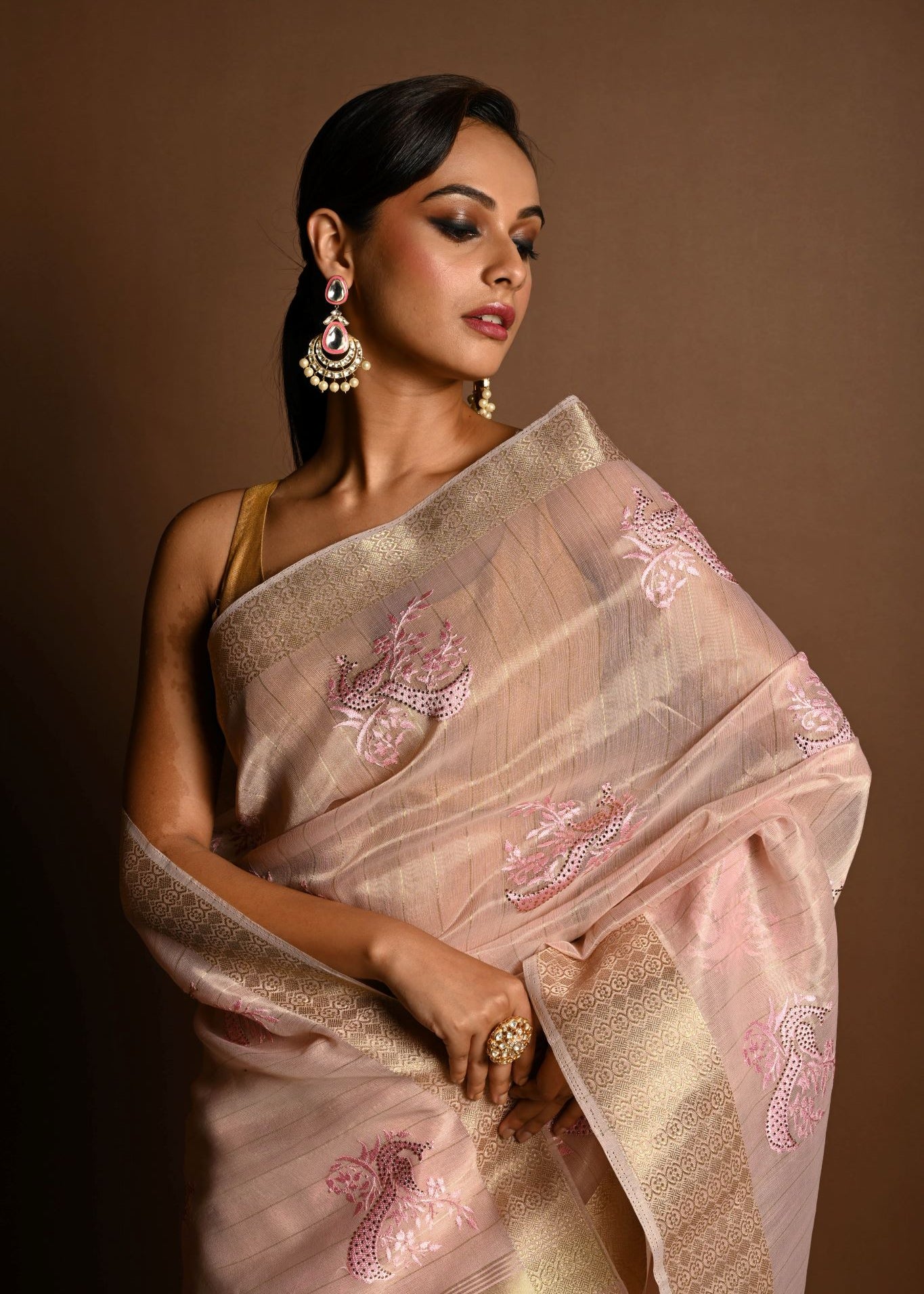 Pastel Pink Kota Silk Saree with Hand Embroidered Work - Image 4