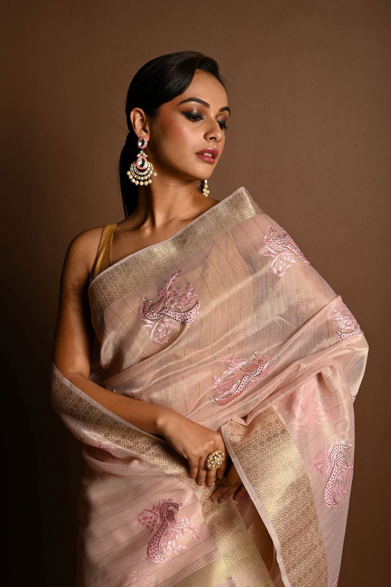 Pastel Pink Kota Silk  Saree with Hand Embroidered Work - Anvi Couture