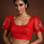 Red Puff Sleeve Blouse with Floral Embroidery - Anvi Couture