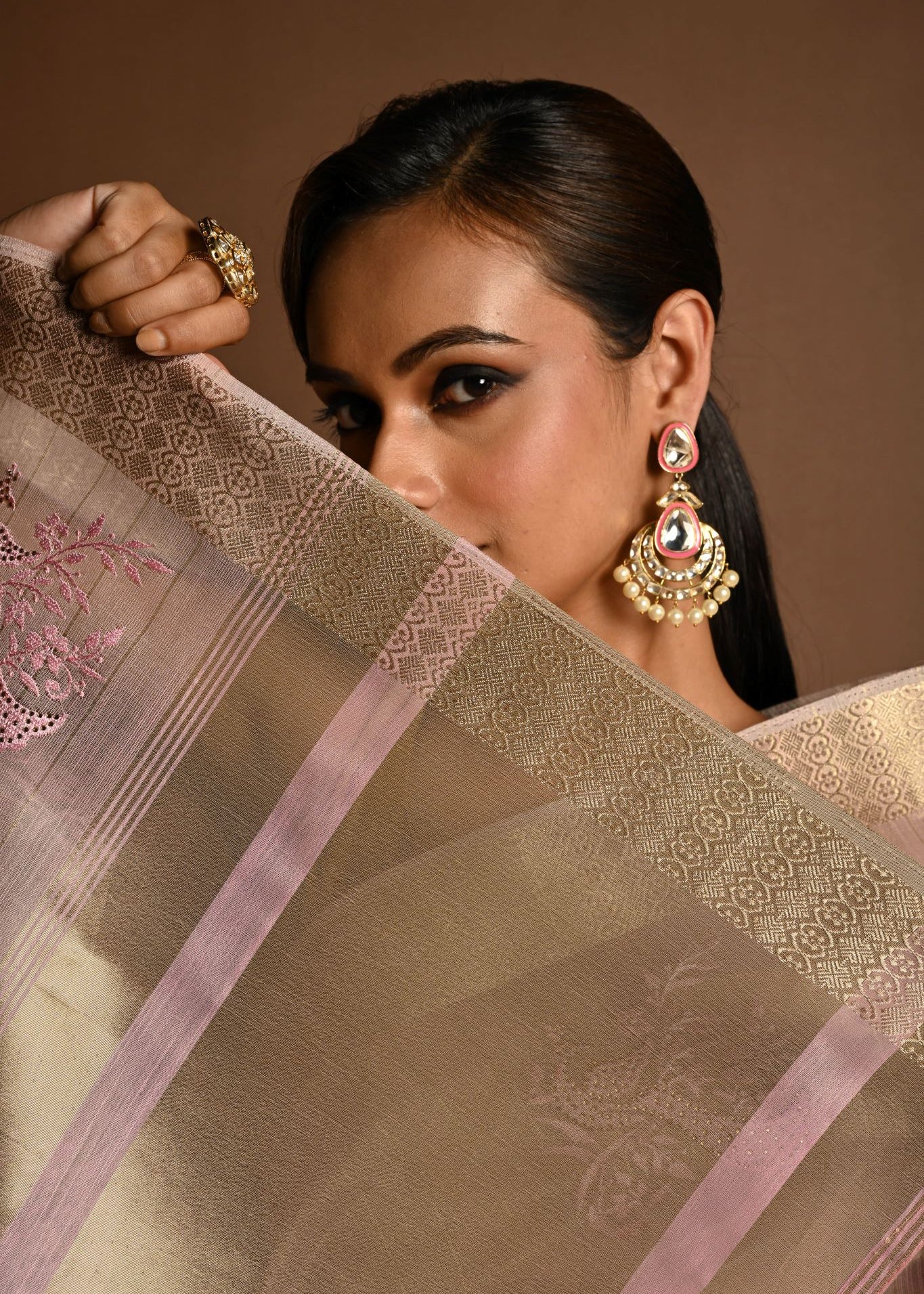 Pastel Pink Kota Silk Saree with Hand Embroidered Work - Image 5