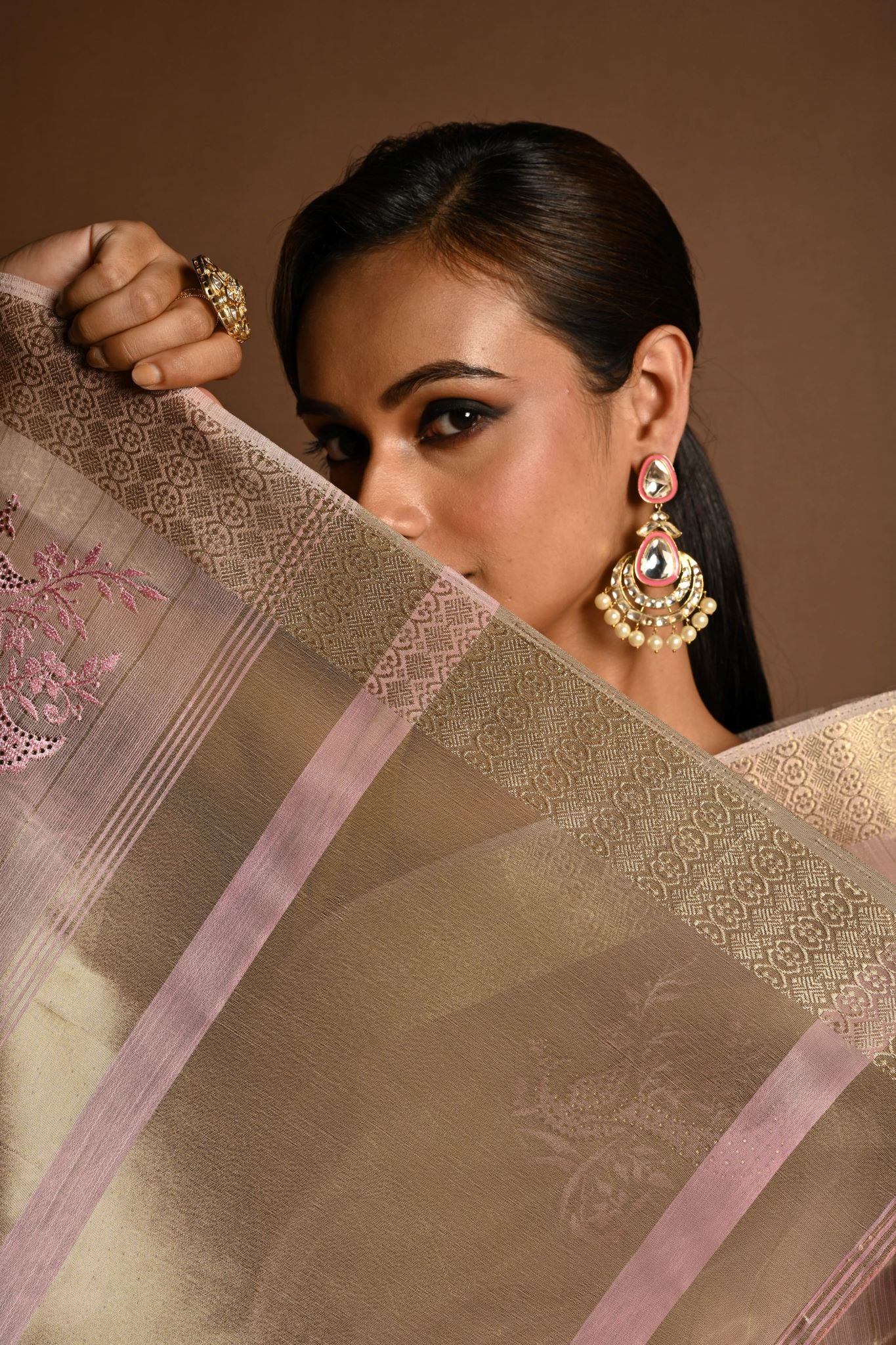 Pastel Pink Kota Silk  Saree with Hand Embroidered Work - Anvi Couture