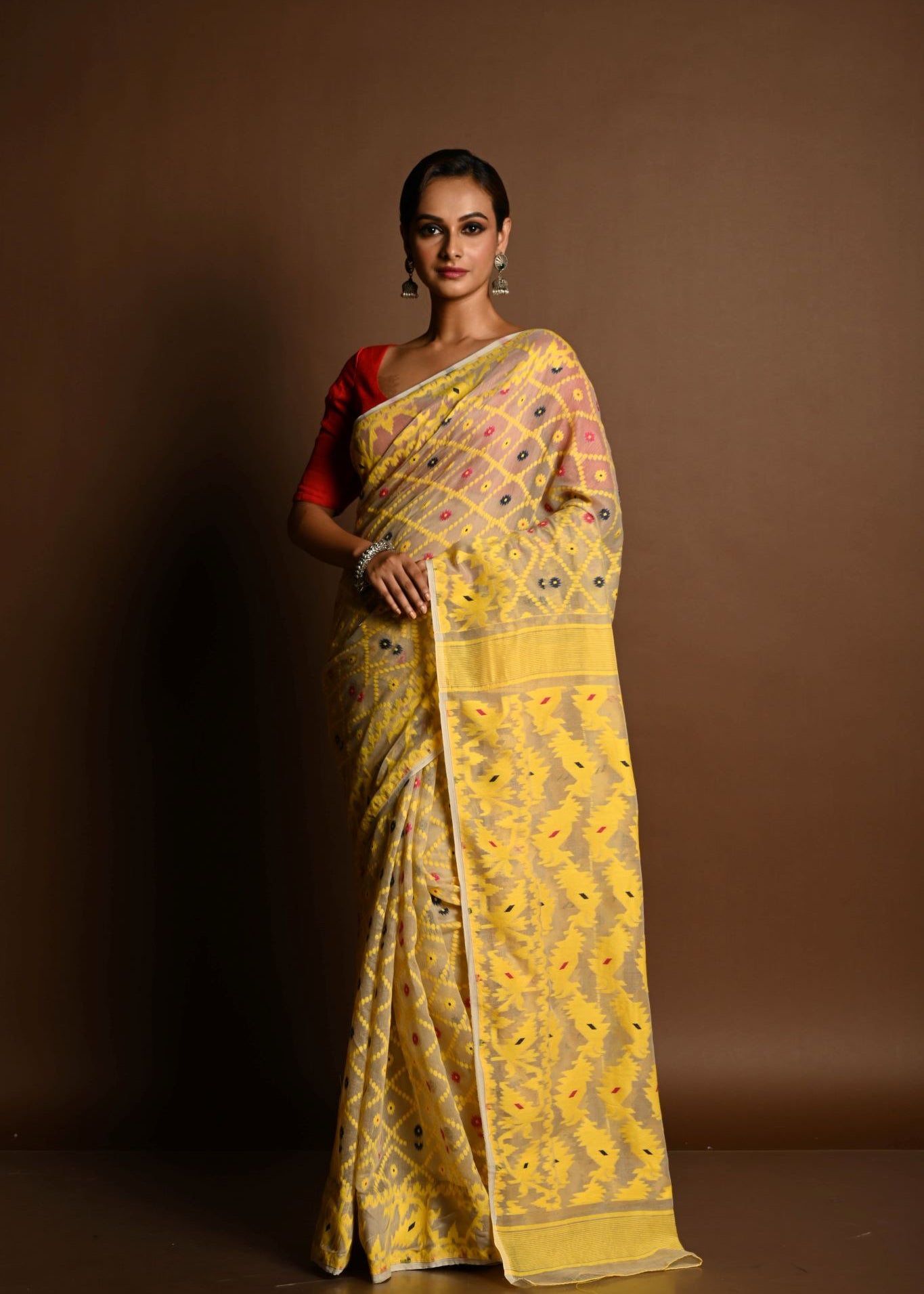 Yellow Soft Dhakai Jamdani Saree - Anvi Couture