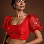 Red Puff Sleeve Blouse with Floral Embroidery - Anvi Couture