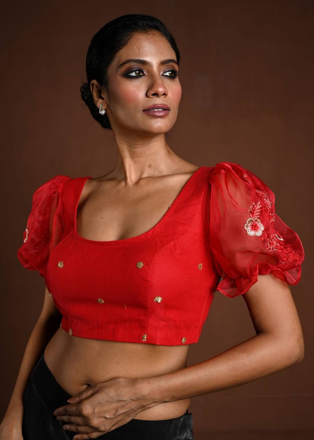 Red Puff Sleeve Blouse with Floral Embroidery - Anvi Couture