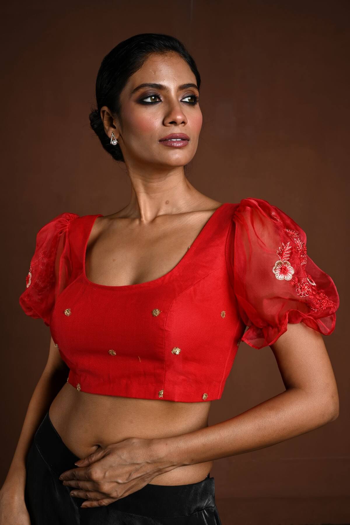Red Puff Sleeve Blouse with Floral Embroidery - Anvi Couture