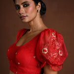 Red Puff Sleeve Blouse with Floral Embroidery - Anvi Couture