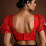 Red Puff Sleeve Blouse with Floral Embroidery - Anvi Couture
