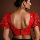 Red Puff Sleeve Blouse with Floral Embroidery - Anvi Couture