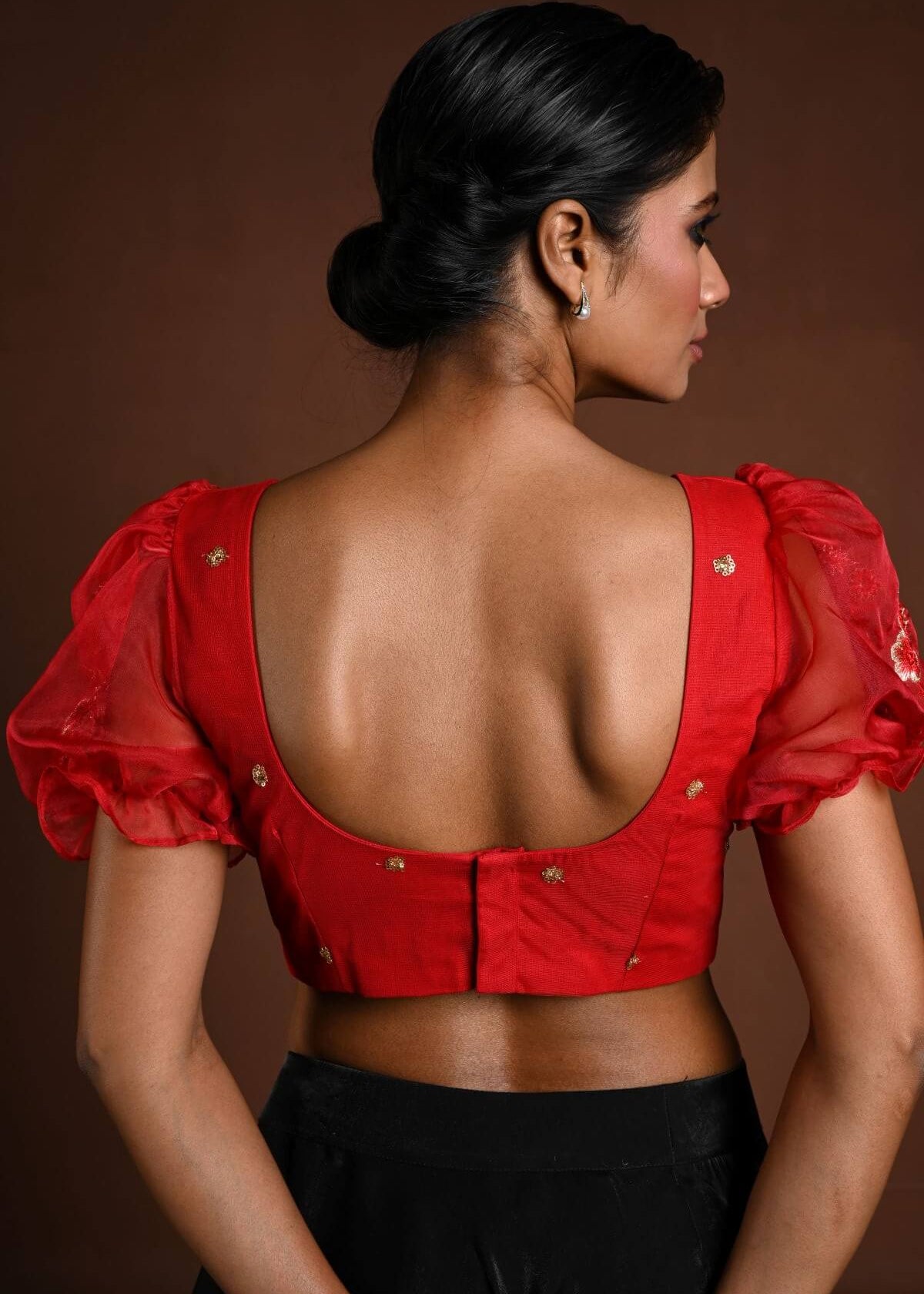Red Puff Sleeve Blouse with Floral Embroidery - Anvi Couture