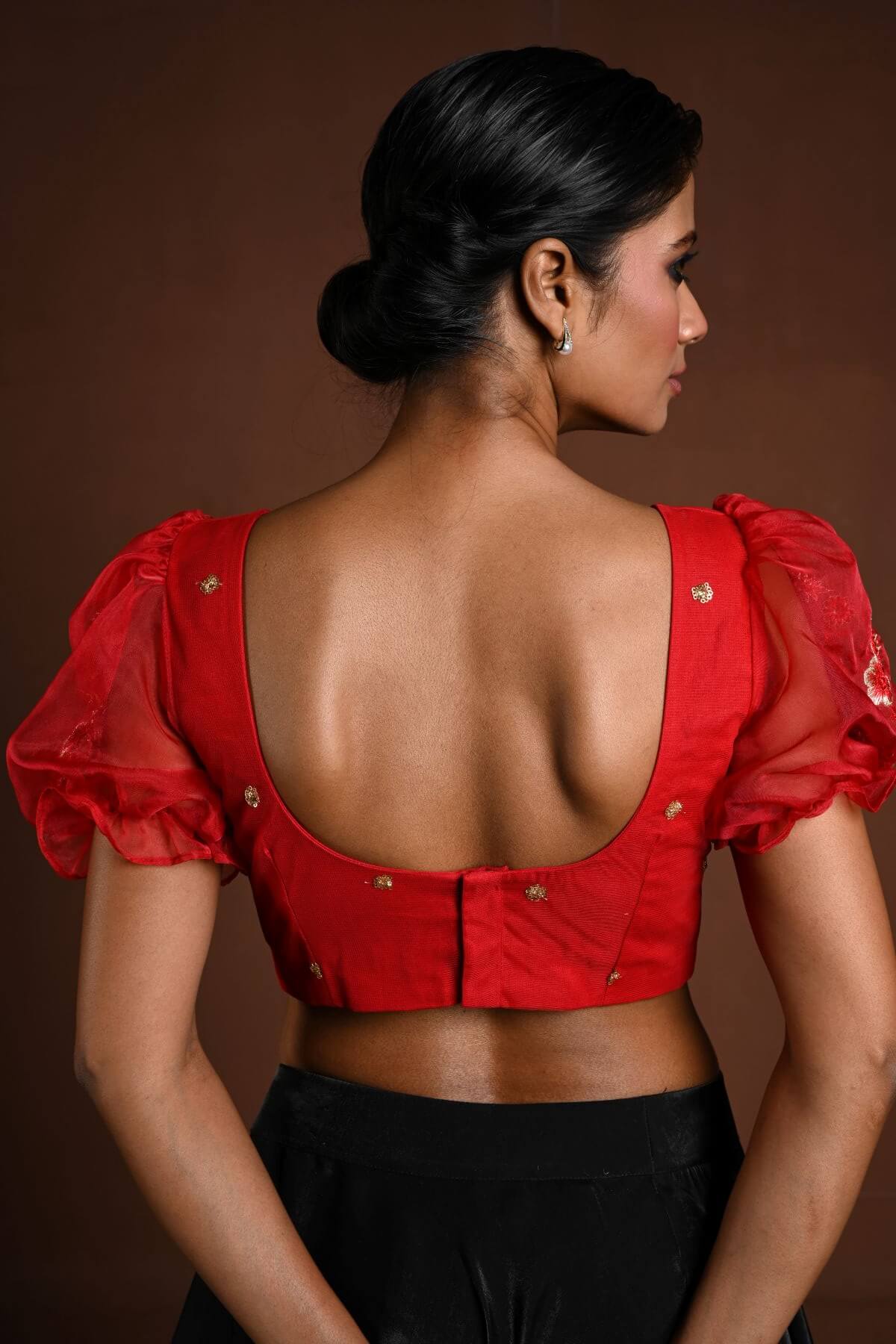 Red Puff Sleeve Blouse with Floral Embroidery - Anvi Couture