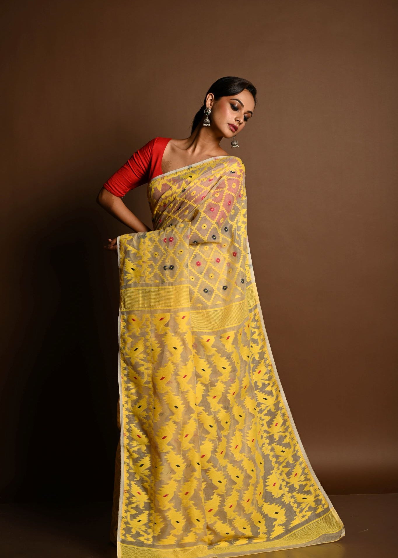 Yellow Soft Dhakai Jamdani Saree - Anvi Couture