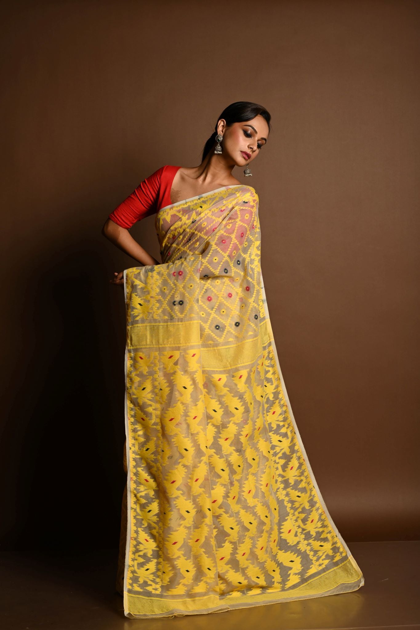 Yellow Soft Dhakai Jamdani Saree - Anvi Couture