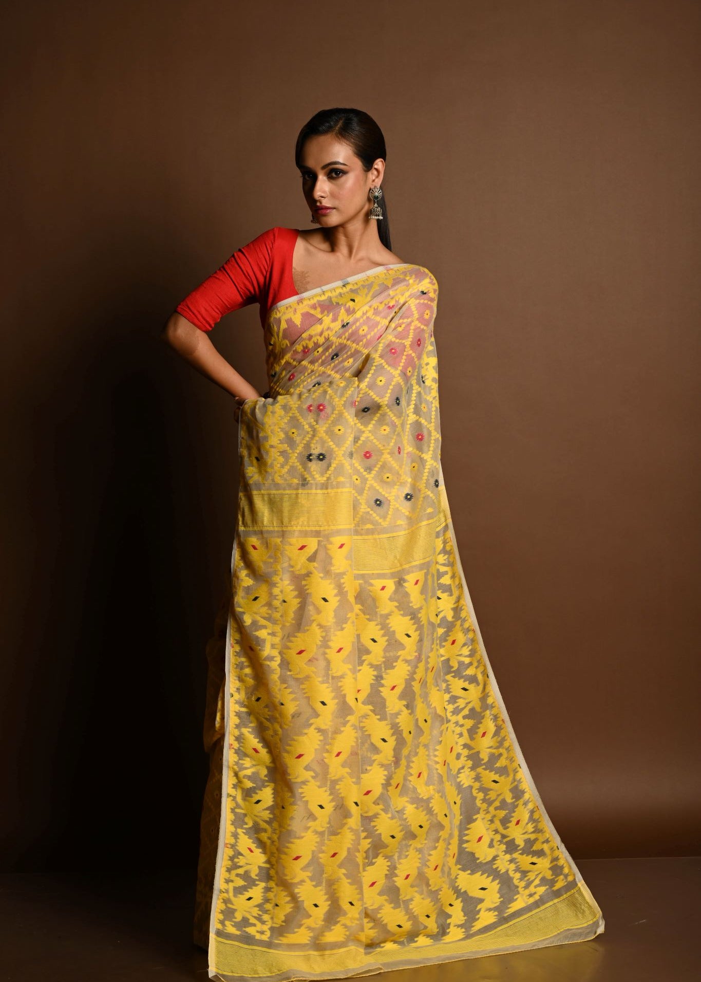 Yellow Soft Dhakai Jamdani Saree - Anvi Couture