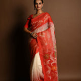 Red and White Ombre Tant Jamdani with Floral Motifs - Anvi Couture