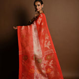 Red and White Ombre Tant Jamdani with Floral Motifs - Anvi Couture