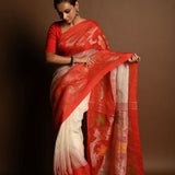 Red and White Ombre Tant Jamdani with Floral Motifs - Anvi Couture