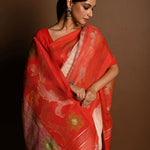 Red and White Ombre Tant Jamdani with Floral Motifs - Anvi Couture