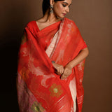 Red and White Ombre Tant Jamdani with Floral Motifs - Anvi Couture