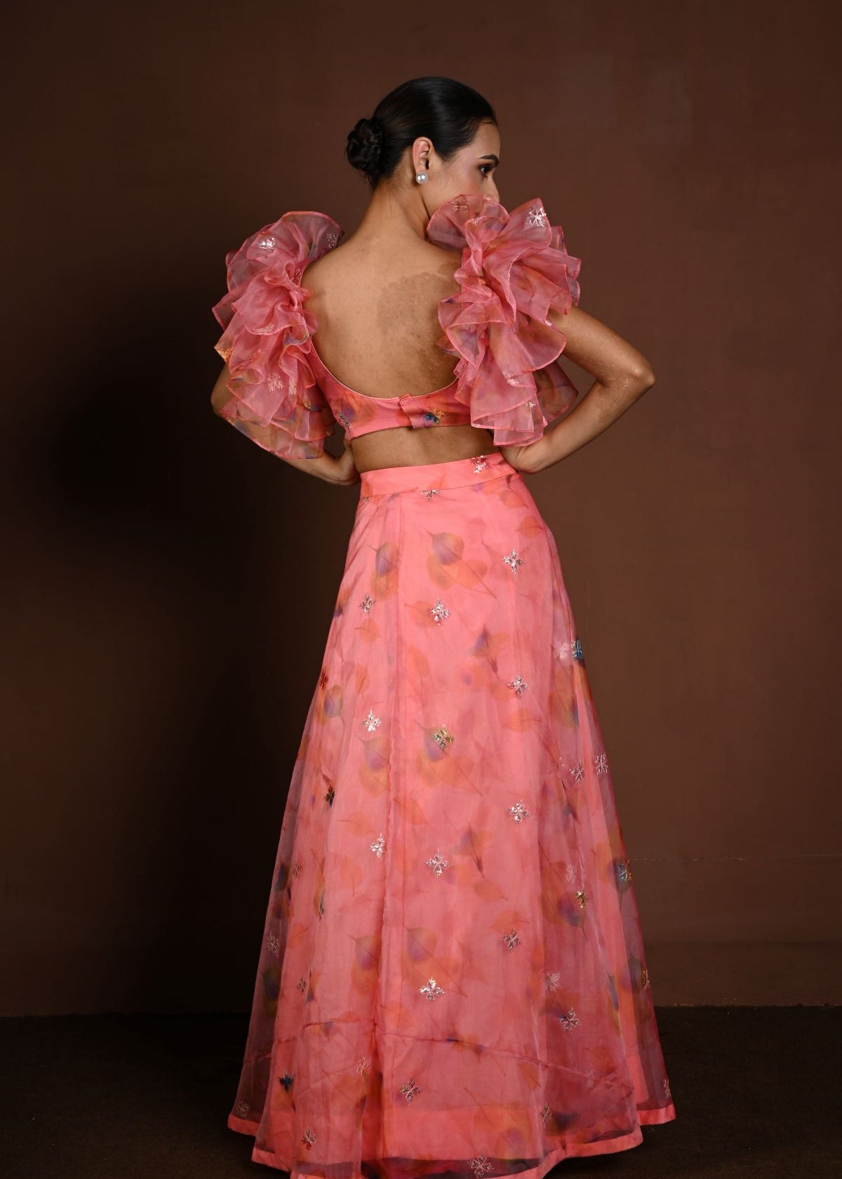Pink Fusion Lehenga with Ruffle Sleeve Choli - Anvi Couture