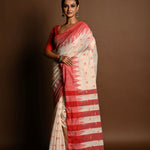 Red and White Tant Jamdani Saree with Red and Yellow Booti All-over and Temple Border - Anvi Couture