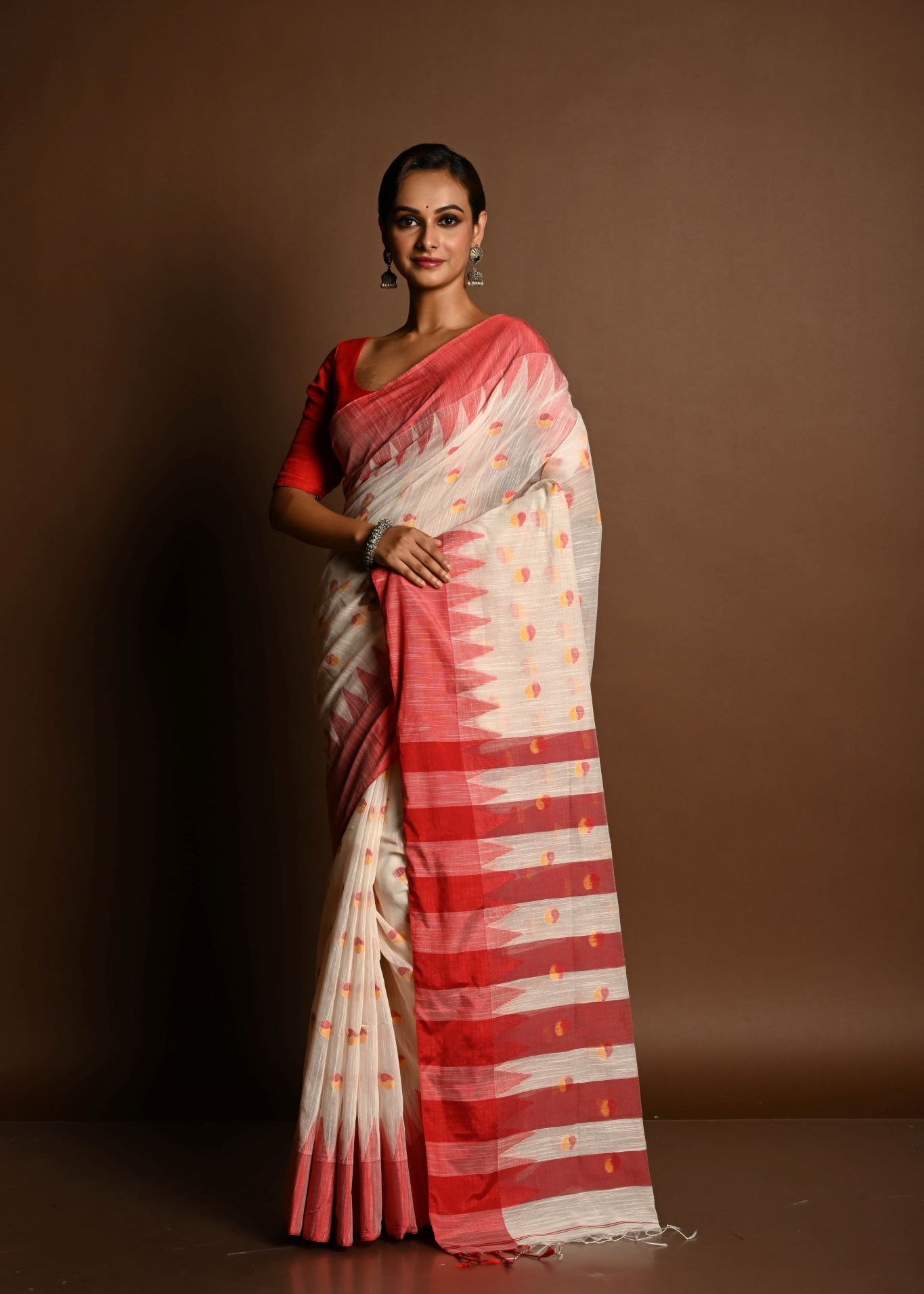 Red and White Tant Jamdani Saree with Red and Yellow Booti All-over and Temple Border - Anvi Couture