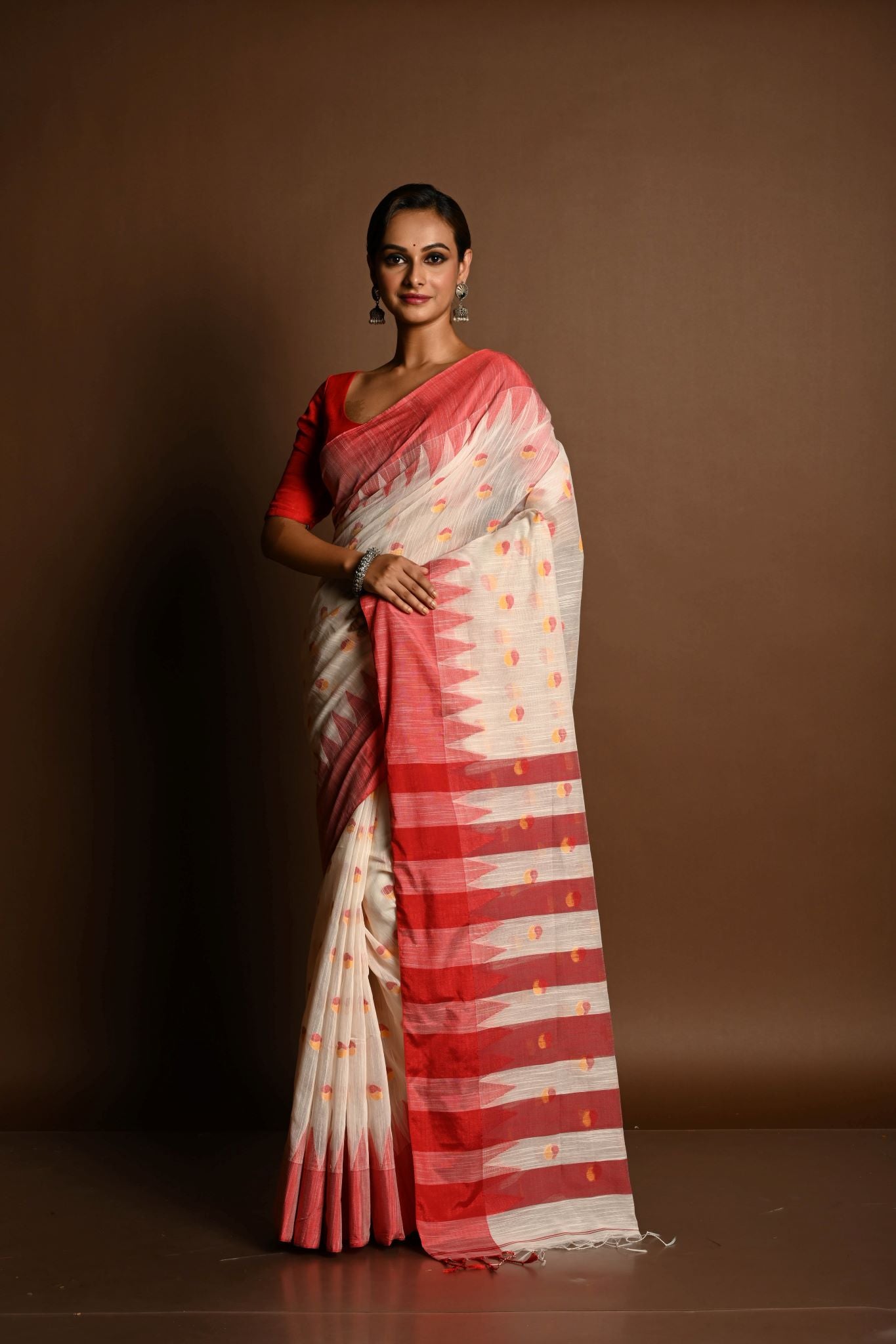 Red and White Tant Jamdani Saree with Red and Yellow Booti All-over and Temple Border - Anvi Couture