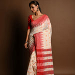 Red and White Tant Jamdani Saree with Red and Yellow Booti All-over and Temple Border - Anvi Couture