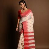 Red and White Tant Jamdani Saree with Red and Yellow Booti All-over and Temple Border - Anvi Couture