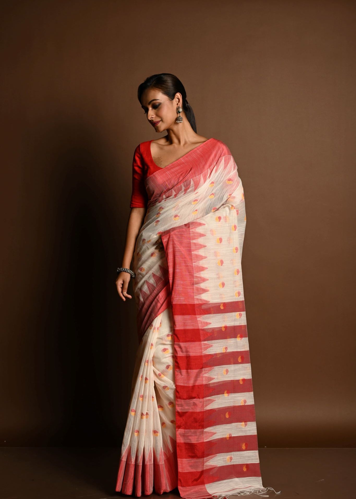 Red and White Tant Jamdani Saree with Red and Yellow Booti All-over and Temple Border - Anvi Couture