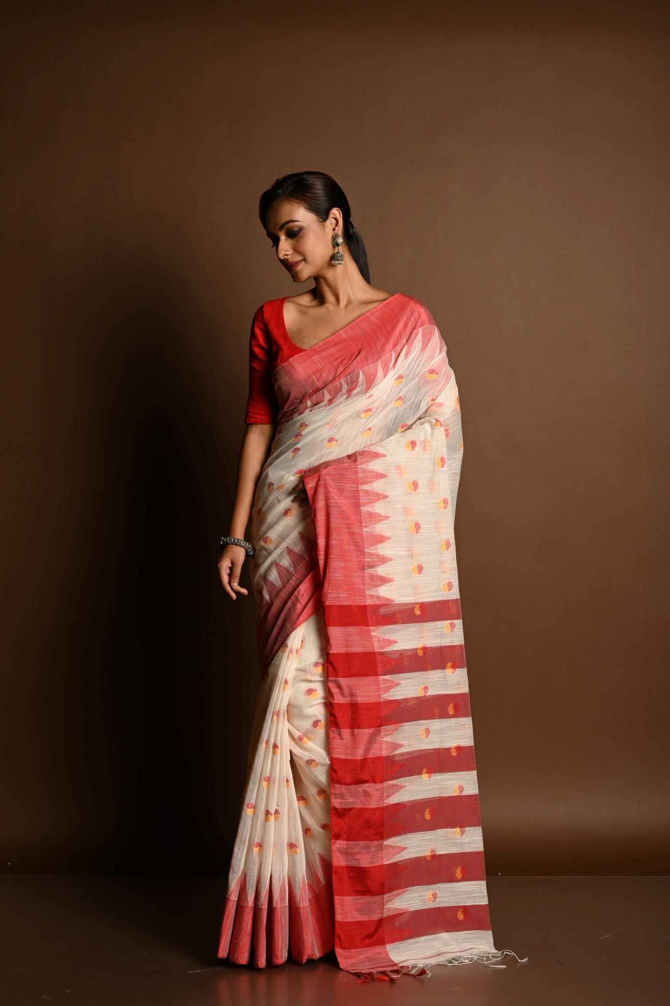 Red and White Tant Jamdani Saree with Red and Yellow Booti All-over and Temple Border - Anvi Couture