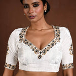White Embroidered Blouse in Velvet with Half Sleeves and Back Cutout - Anvi Couture